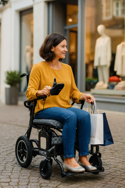comfygo carbon elektrische rolstoel in gebruik in de stad